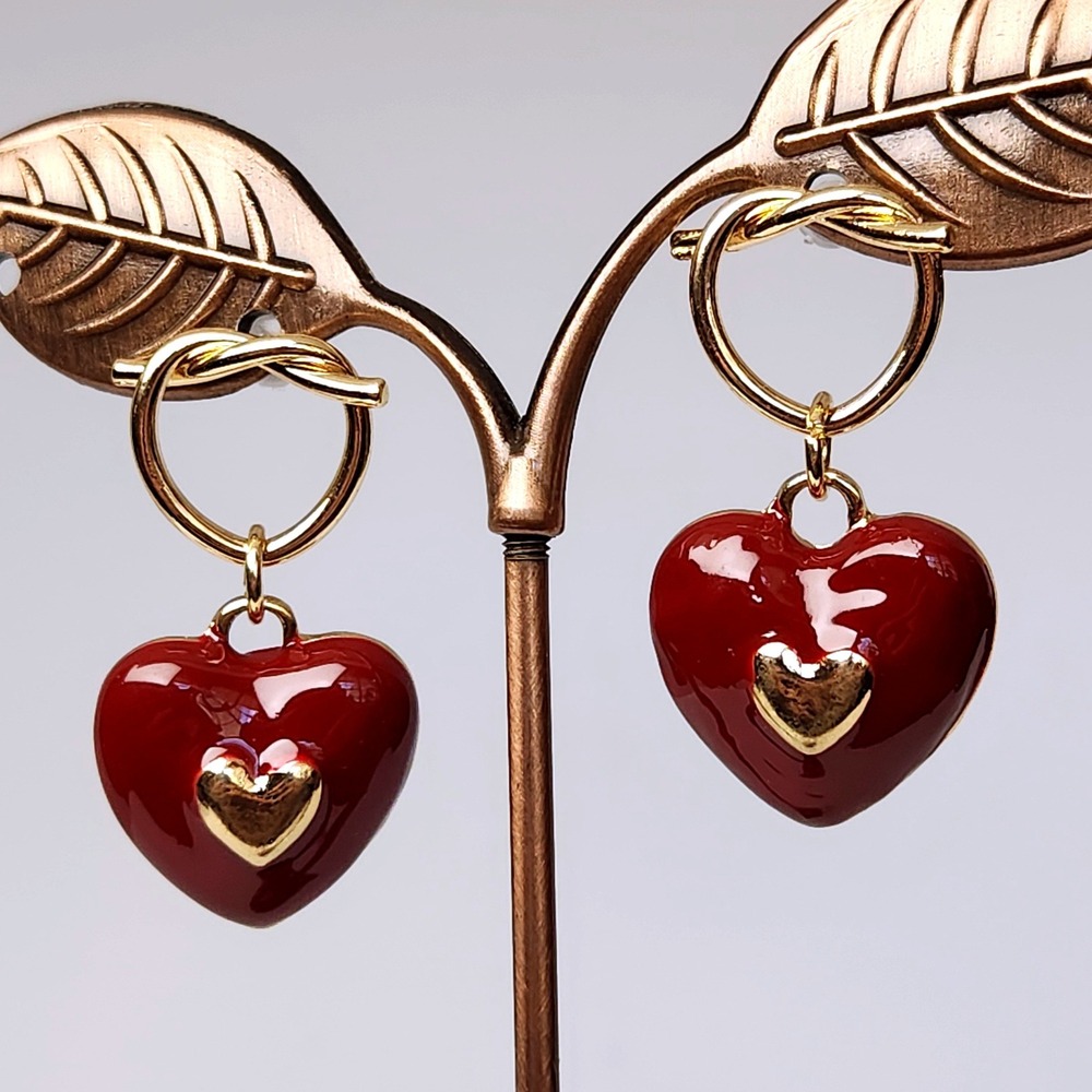 Red Enamel Heart Drop Earrings Gold Tone Knot Hoop Dangle Romantic Love 1.25"